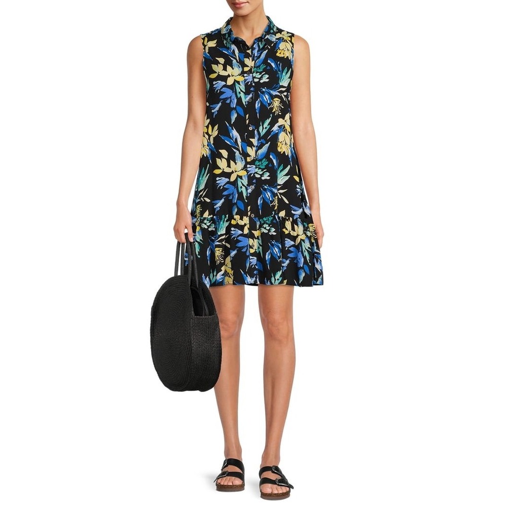 Time and Tru Womens Floral Sleeveless Button Down Tiered Mini Dress Black M 8-10